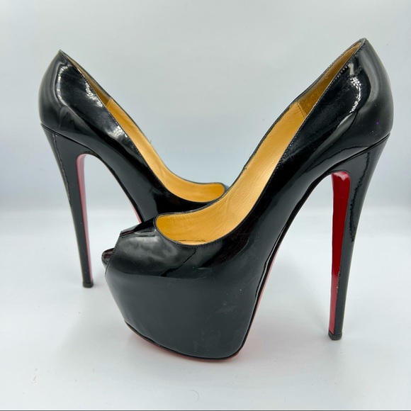 Christian Louboutin Shoes - Christian Louboutin Highness Daffofile Black Patent Leather Peep Toe Heels US8
